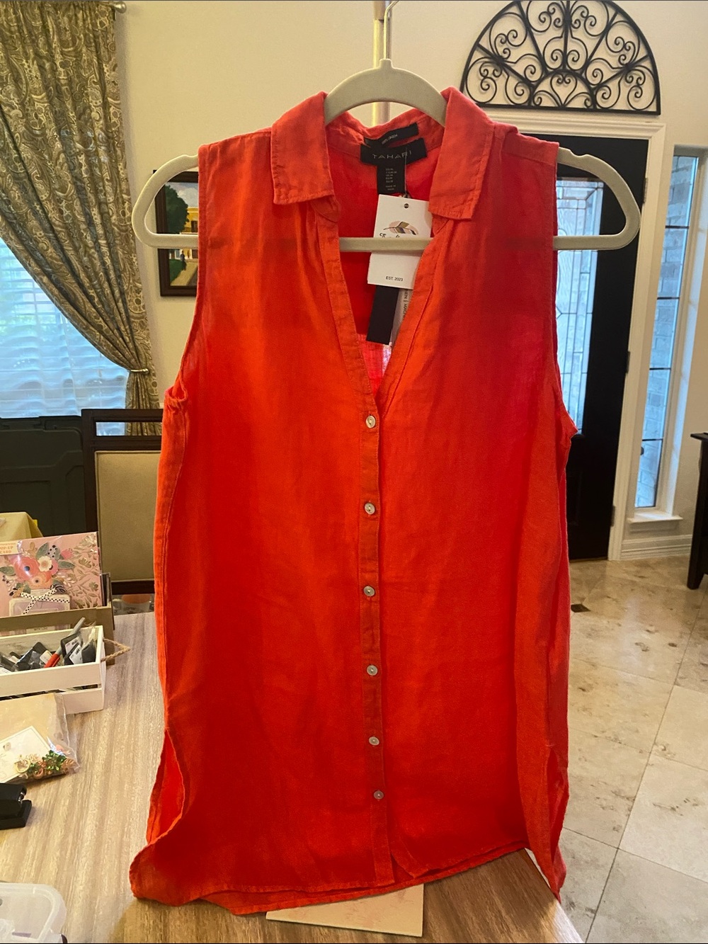 Tahari Bright Red Sleeveless Button-Front Tunic